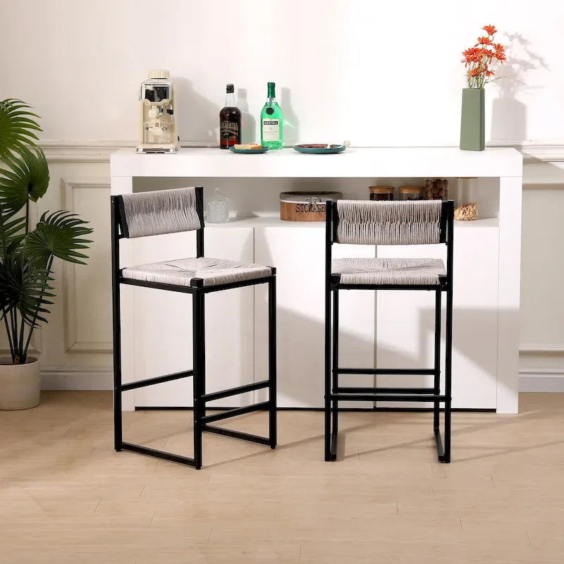 Bar Stools Set of 2, Paper Rope Weave Dining Chairs with Back, Hand Weave Stools for Kitchen Island, Bar & Counter