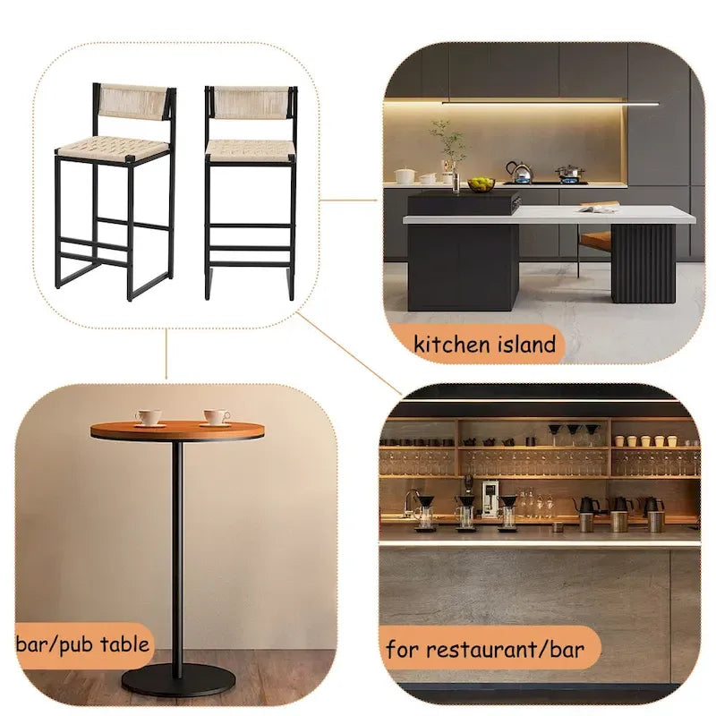 Bar Stools Set of 2, Paper Rope Weave Dining Chairs with Back, Hand Weave Stools for Kitchen Island, Bar & Counter