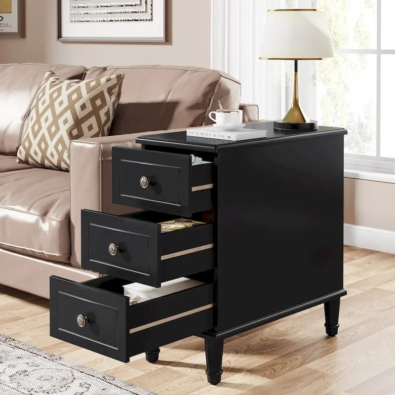 Solid Wood End Table with 3 Drawers, Fully Assembled Narrow Side Table