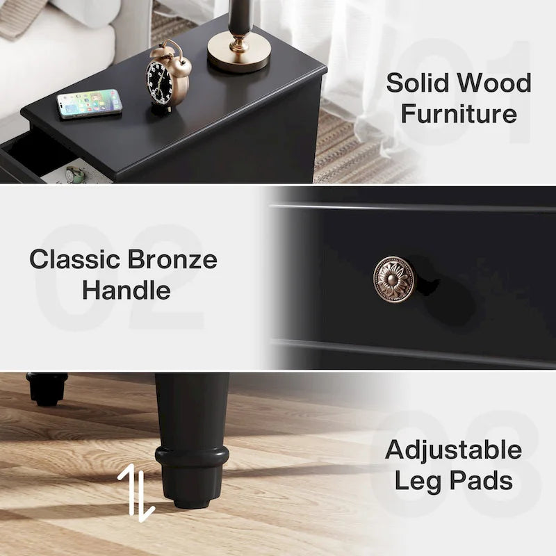 Solid Wood End Table with 3 Drawers, Fully Assembled Narrow Side Table