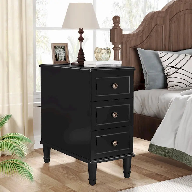 Solid Wood End Table with 3 Drawers, Fully Assembled Narrow Side Table