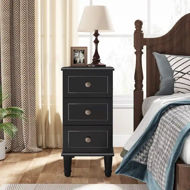 Solid Wood End Table with 3 Drawers, Fully Assembled Narrow Side Table