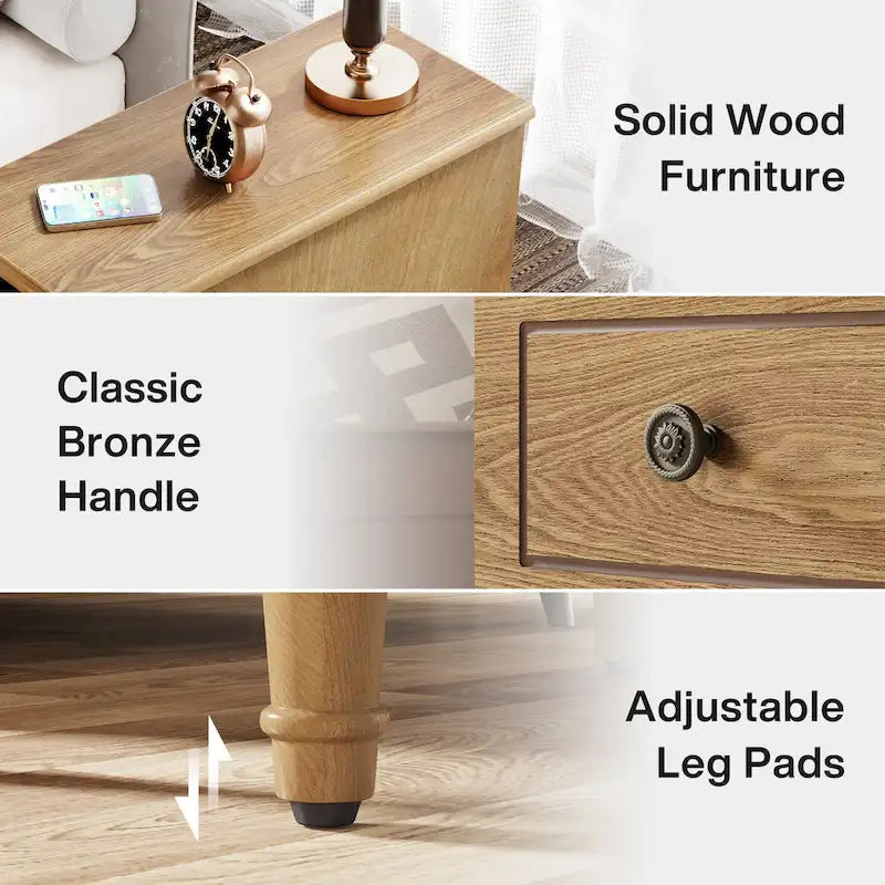 Solid Wood End Table with 3 Drawers, Fully Assembled Narrow Side Table