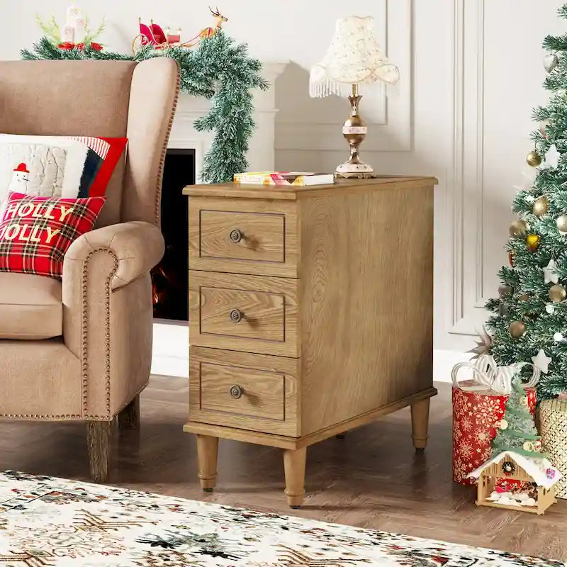 Solid Wood End Table with 3 Drawers, Fully Assembled Narrow Side Table