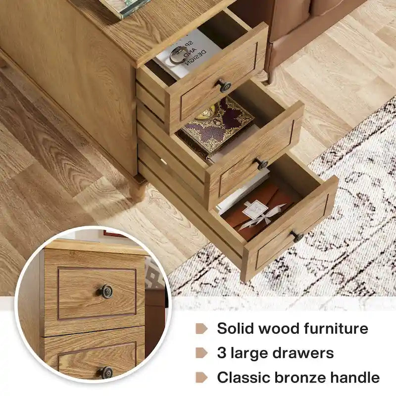 Solid Wood End Table with 3 Drawers, Fully Assembled Narrow Side Table