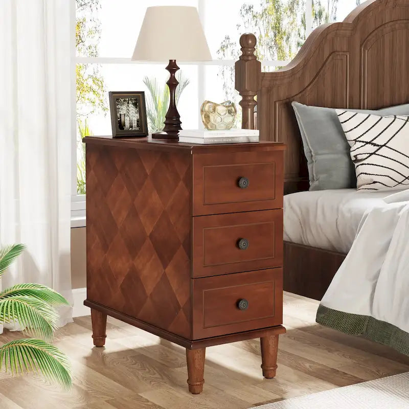 Solid Wood End Table with 3 Drawers, Fully Assembled Narrow Side Table
