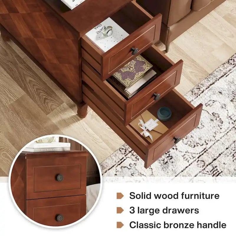 Solid Wood End Table with 3 Drawers, Fully Assembled Narrow Side Table