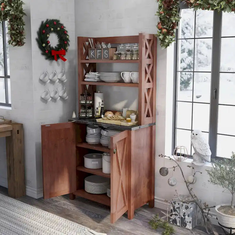 Rustic Walnut Wood Multi-storage Hutch by
