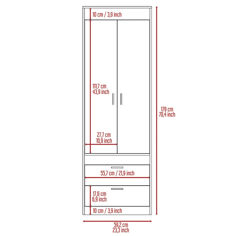 Armoire with Double Doors, 2 Drawers, and Hanging Rod