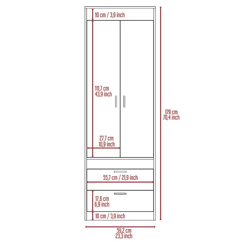 Armoire with Double Doors, 2 Drawers, and Hanging Rod