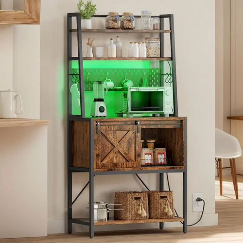 Moasis 5 Tier Kitchen LED Bakers Rack with Sliding Storage and Shelves Bar Table with Power Outlet