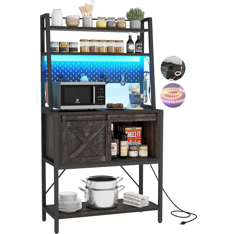 5 Tier Kitchen LED Bakers Rack with Sliding Storage and Shelves Bar Table with Power Outlet