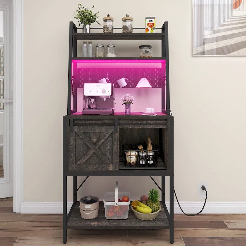 5 Tier Kitchen LED Bakers Rack with Sliding Storage and Shelves Bar Table with Power Outlet