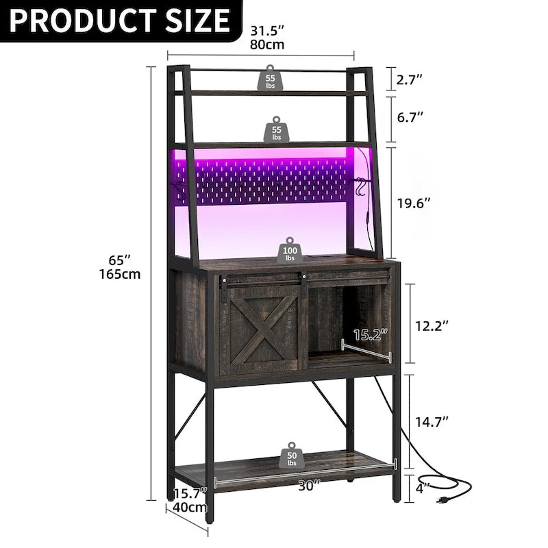 5 Tier Kitchen LED Bakers Rack with Sliding Storage and Shelves Bar Table with Power Outlet