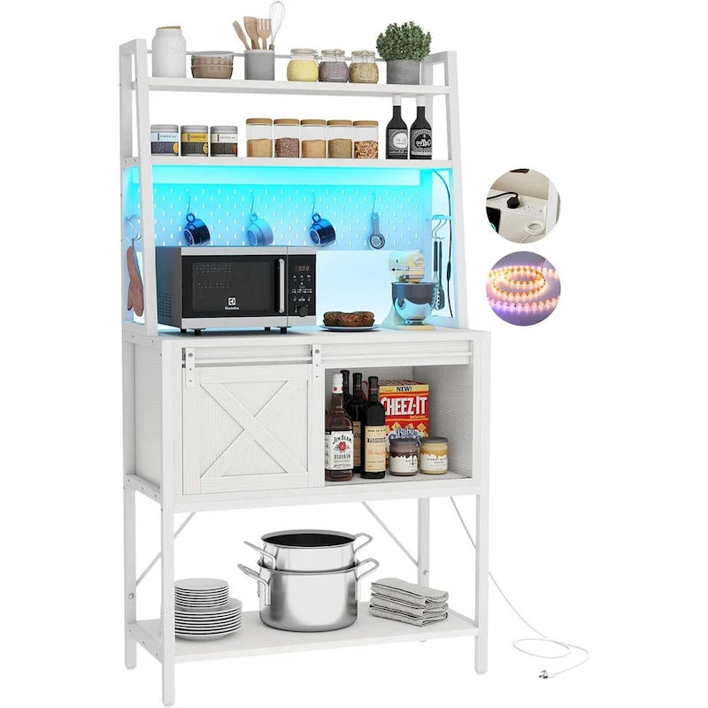 5 Tier Kitchen LED Bakers Rack with Sliding Storage and Shelves Bar Table with Power Outlet