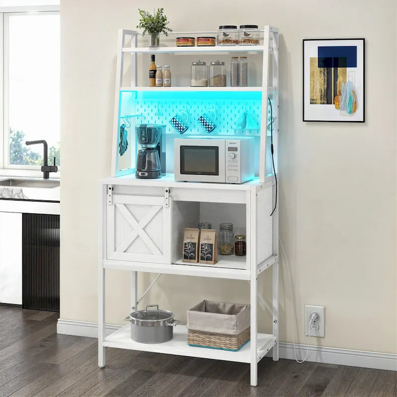 5 Tier Kitchen LED Bakers Rack with Sliding Storage and Shelves Bar Table with Power Outlet