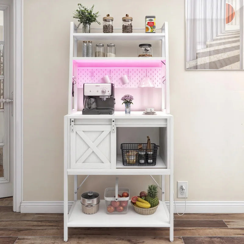 5 Tier Kitchen LED Bakers Rack with Sliding Storage and Shelves Bar Table with Power Outlet