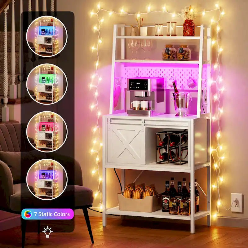 5 Tier Kitchen LED Bakers Rack with Sliding Storage and Shelves Bar Table with Power Outlet