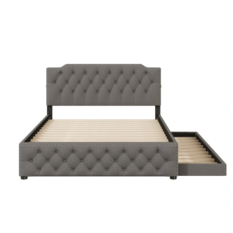Queen Size Upholstered Platform Bed with Twin Size Trundle and 2 sets of USB Ports on each side, Linen Fabric, Beige