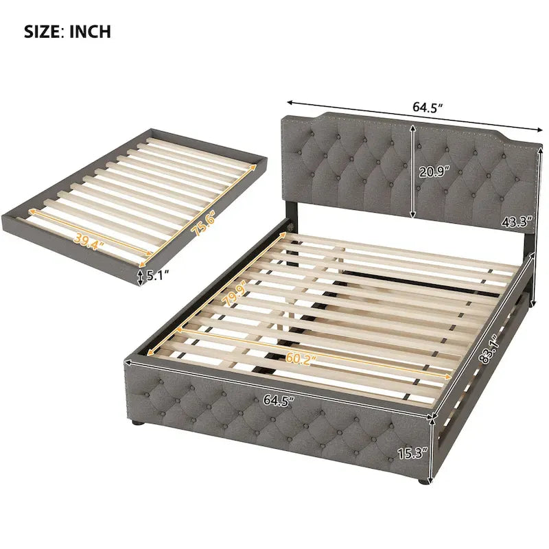 Queen Size Upholstered Platform Bed with Twin Size Trundle and 2 sets of USB Ports on each side, Linen Fabric, Beige