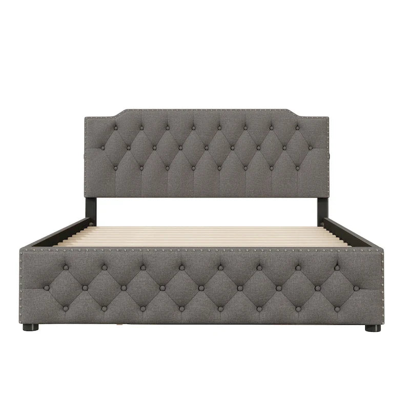 Queen Size Upholstered Platform Bed with Twin Size Trundle and 2 sets of USB Ports on each side, Linen Fabric, Beige
