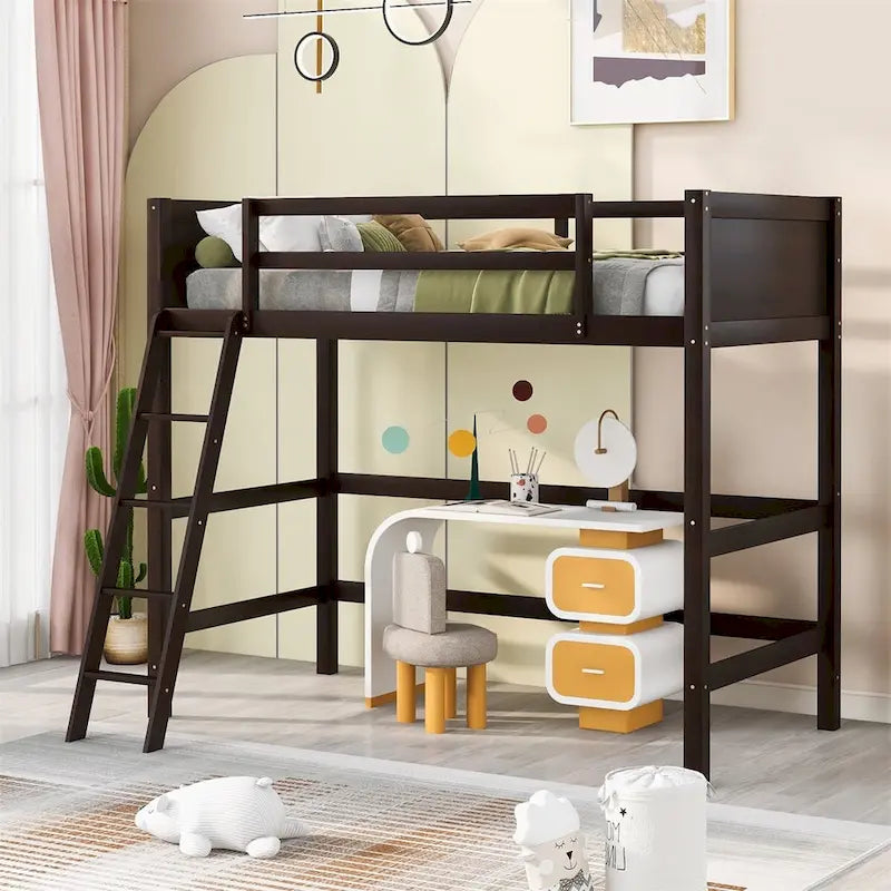 Solid Wood Twin Size Loft Bed with Ladder