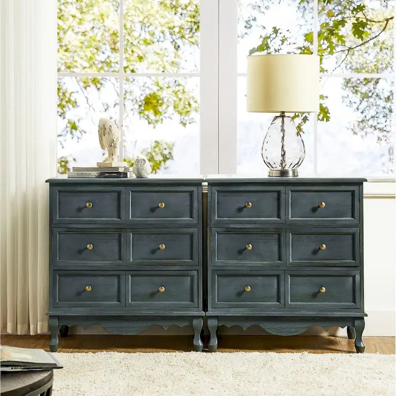 Farmhouse 30Tall Distressed 3-Drawer Nightstand With Solid Wood Legs and Adjustable Feet Set Of 2 by