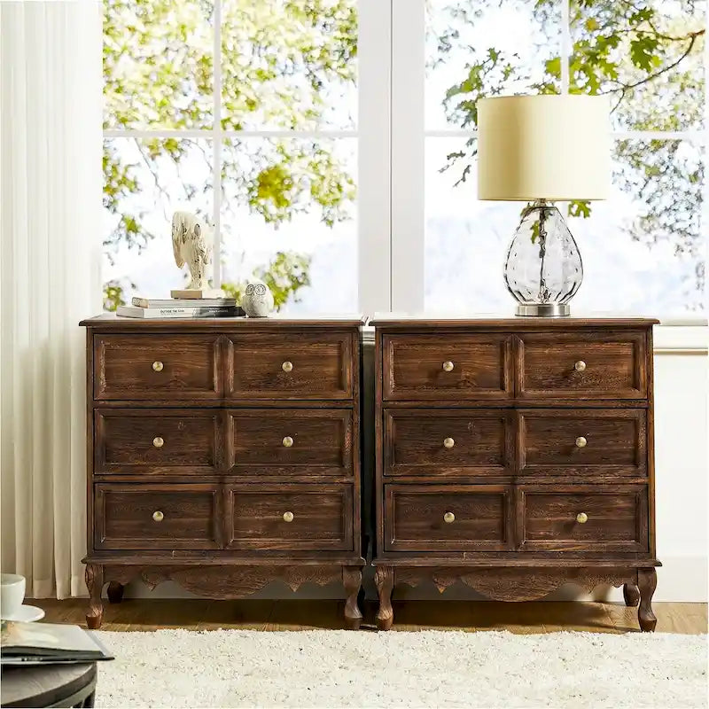 Farmhouse 30Tall Distressed 3-Drawer Nightstand With Solid Wood Legs and Adjustable Feet Set Of 2 by