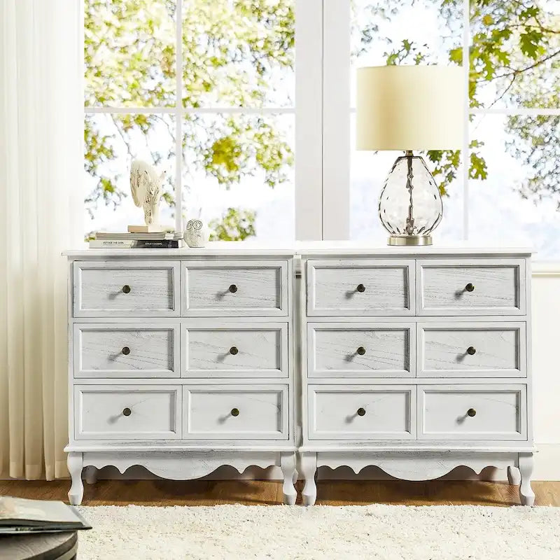 Farmhouse 30Tall Distressed 3-Drawer Nightstand With Solid Wood Legs and Adjustable Feet Set Of 2 by