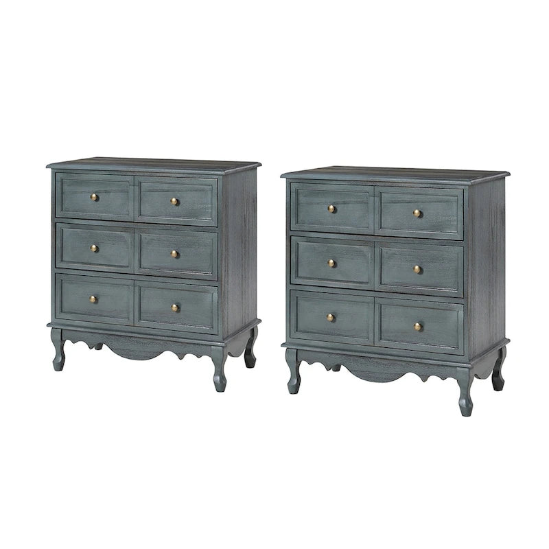 Farmhouse 30Tall Distressed 3-Drawer Nightstand With Solid Wood Legs and Adjustable Feet Set Of 2 by