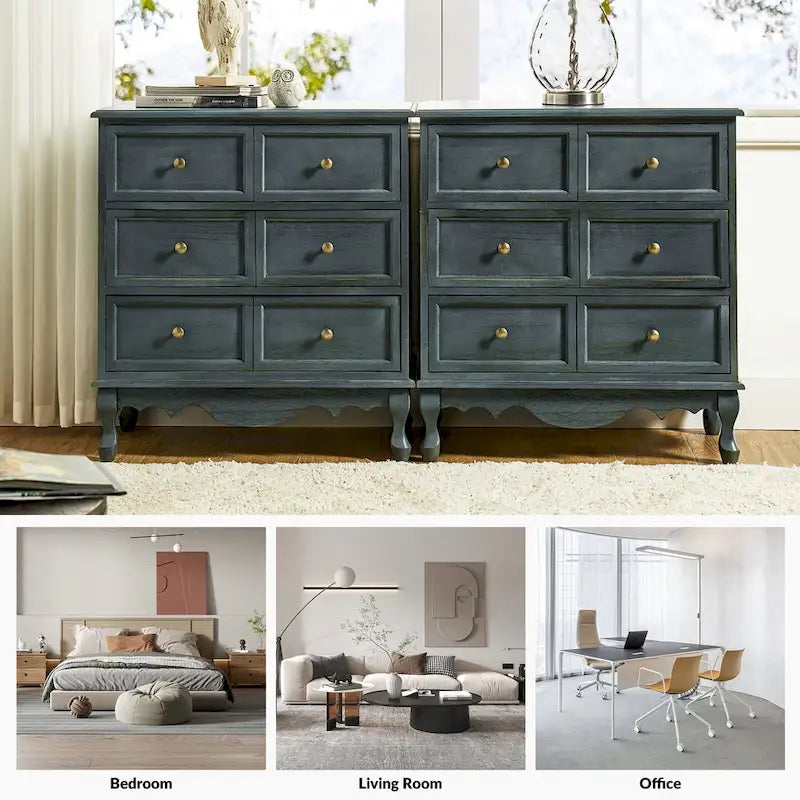 Farmhouse 30Tall Distressed 3-Drawer Nightstand With Solid Wood Legs and Adjustable Feet Set Of 2 by