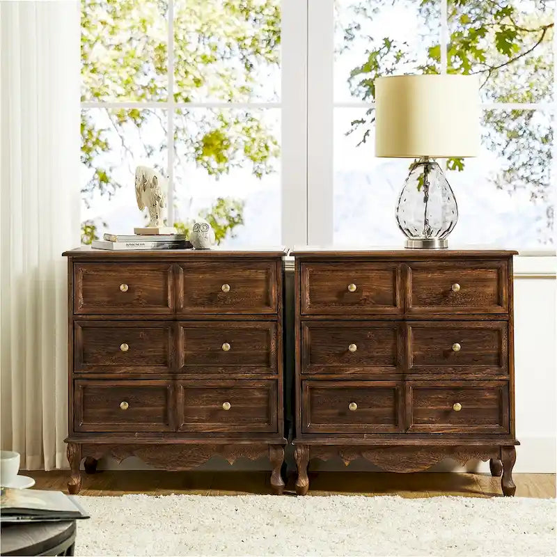 Farmhouse 30Tall Distressed 3-Drawer Nightstand With Solid Wood Legs and Adjustable Feet Set Of 2 by