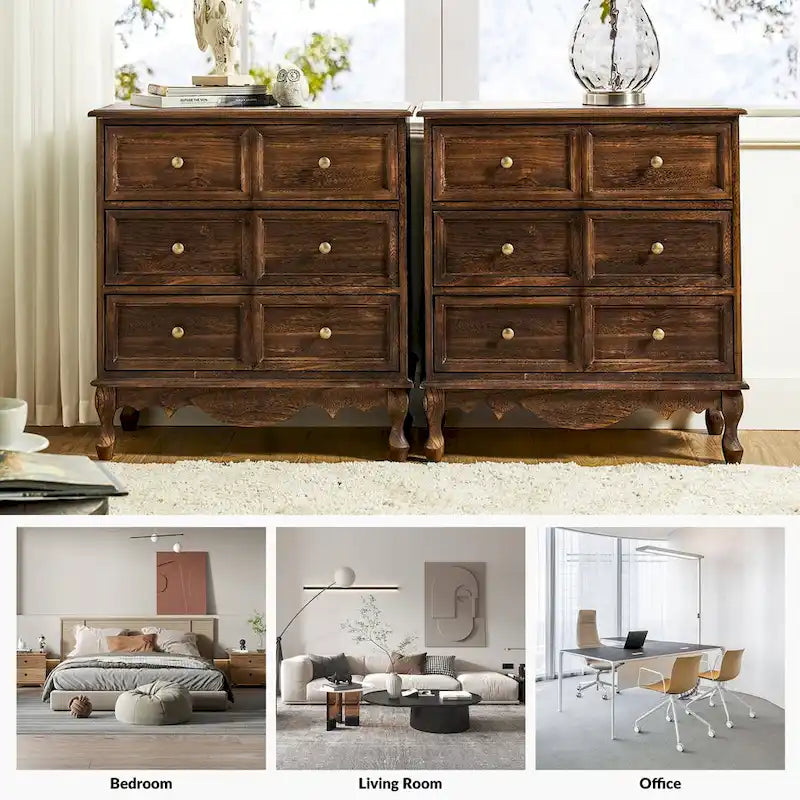 Farmhouse 30Tall Distressed 3-Drawer Nightstand With Solid Wood Legs and Adjustable Feet Set Of 2 by