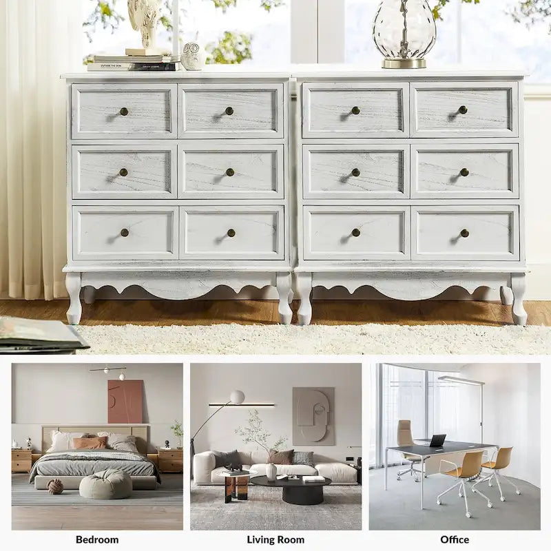 Farmhouse 30Tall Distressed 3-Drawer Nightstand With Solid Wood Legs and Adjustable Feet Set Of 2 by