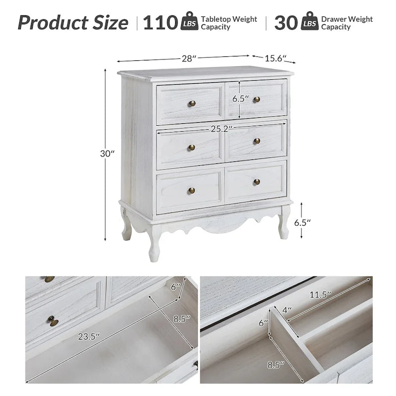 Farmhouse 30Tall Distressed 3-Drawer Nightstand With Solid Wood Legs and Adjustable Feet Set Of 2 by