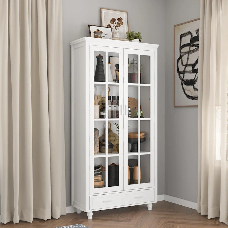 White Bookcase with Glass Doors Display Cabinet Bookshelf Organizer - 70.9Hx36.2W