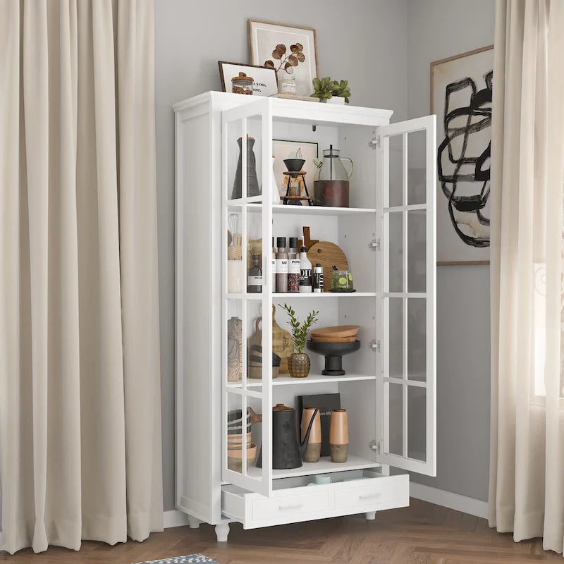 White Bookcase with Glass Doors Display Cabinet Bookshelf Organizer - 70.9Hx36.2W