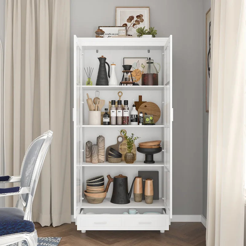 White Bookcase with Glass Doors Display Cabinet Bookshelf Organizer - 70.9Hx36.2W