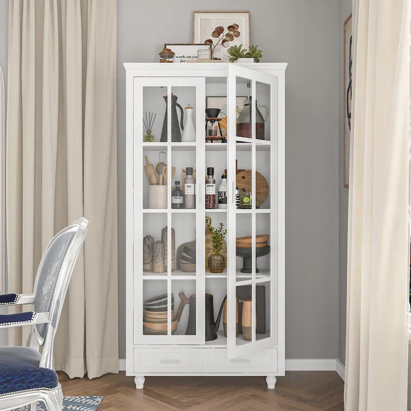 White Bookcase with Glass Doors Display Cabinet Bookshelf Organizer - 70.9Hx36.2W