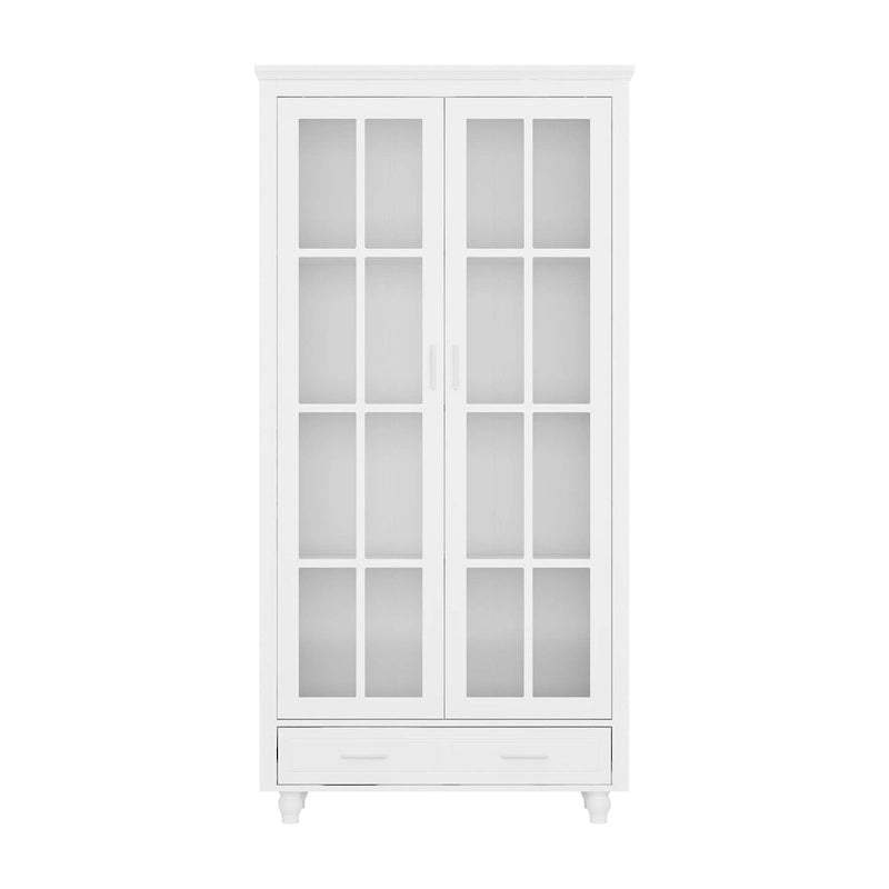 White Bookcase with Glass Doors Display Cabinet Bookshelf Organizer - 70.9Hx36.2W
