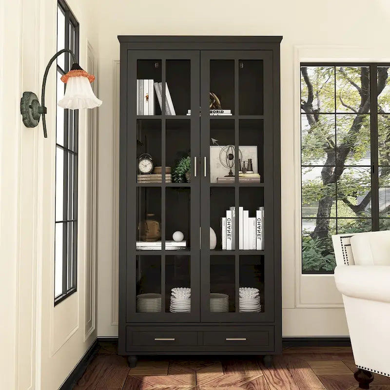 White Bookcase with Glass Doors Display Cabinet Bookshelf Organizer - 70.9Hx36.2W