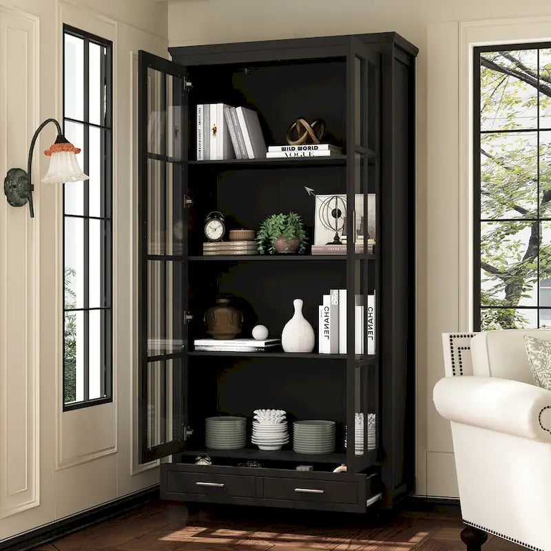 White Bookcase with Glass Doors Display Cabinet Bookshelf Organizer - 70.9Hx36.2W