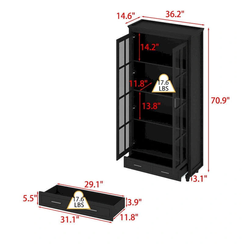 White Bookcase with Glass Doors Display Cabinet Bookshelf Organizer - 70.9Hx36.2W