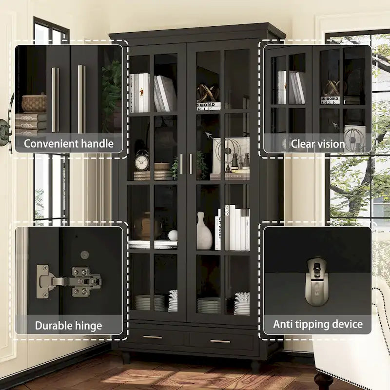 White Bookcase with Glass Doors Display Cabinet Bookshelf Organizer - 70.9Hx36.2W