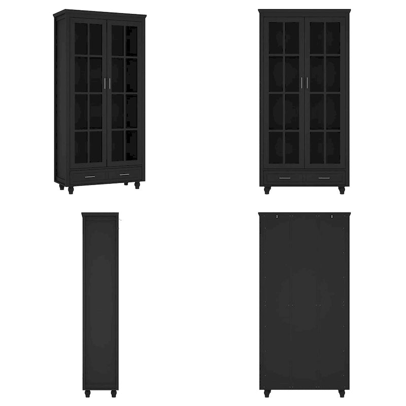 White Bookcase with Glass Doors Display Cabinet Bookshelf Organizer - 70.9Hx36.2W