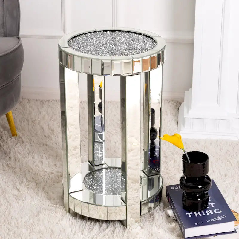 Tall Mirrored Glass Round End Table