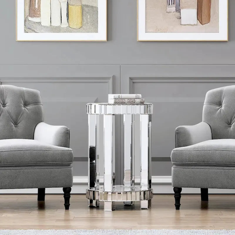 Tall Mirrored Glass Round End Table