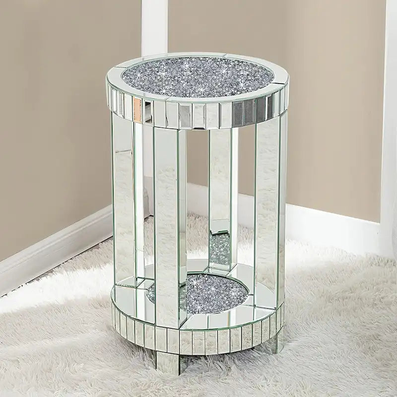 Tall Mirrored Glass Round End Table