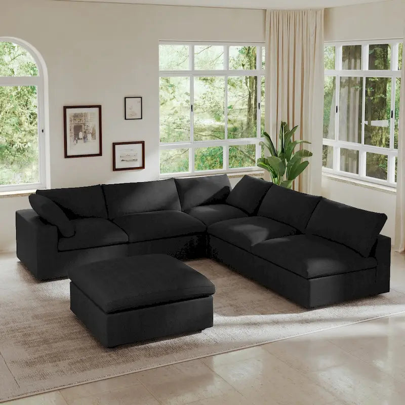 Down Filled Corner Sectional Sofa 5-seats Couch with Ottoman