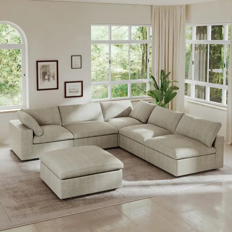 Down Filled Corner Sectional Sofa 5-seats Couch with Ottoman